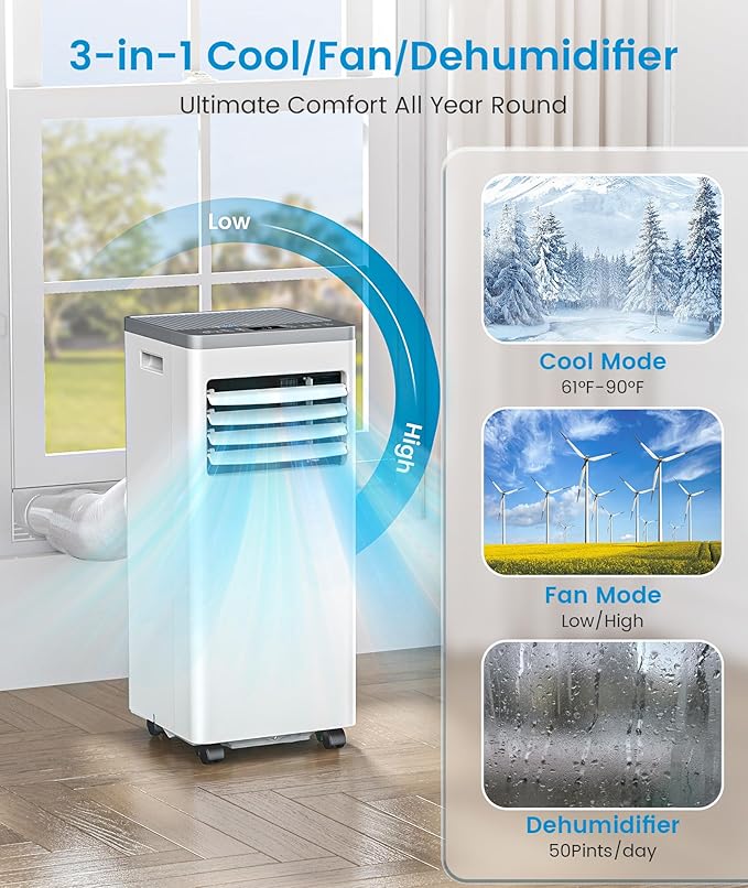 Portable Air Conditioner 10000 BTU Cools Up to 450 Sq. Ft., 3-in-1 Modes Portable AC Unit Remote Control, LED Display, Auto Shutoff, AC with Window Kits for Bedroom, Home, Office, White