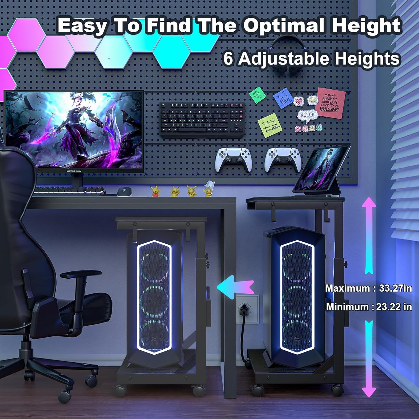 Height Adjustable Computer Tower Stand with Charge Station and USB Charging Port, 2-Tier ATX-Case Cart, Under Desk Mobile PC Stand, CPU Holder Cart with Locking Caster Wheels for Fits Most PC