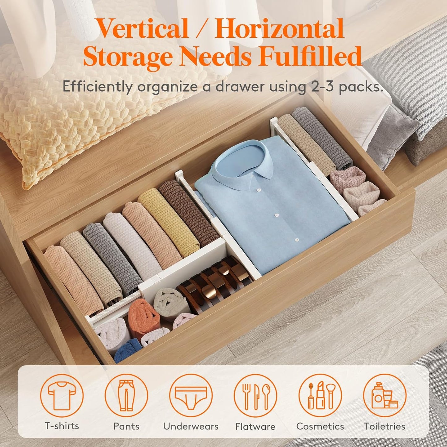 Lifewit 14 Pack Drawer Dividers 4" High, 11-17" Adjustable Drawer Organizers for Clothes, Expandable Dresser Separators in Bedroom/Bathroom/Kitchen/Fridge/Office Organization and Storage, Beige