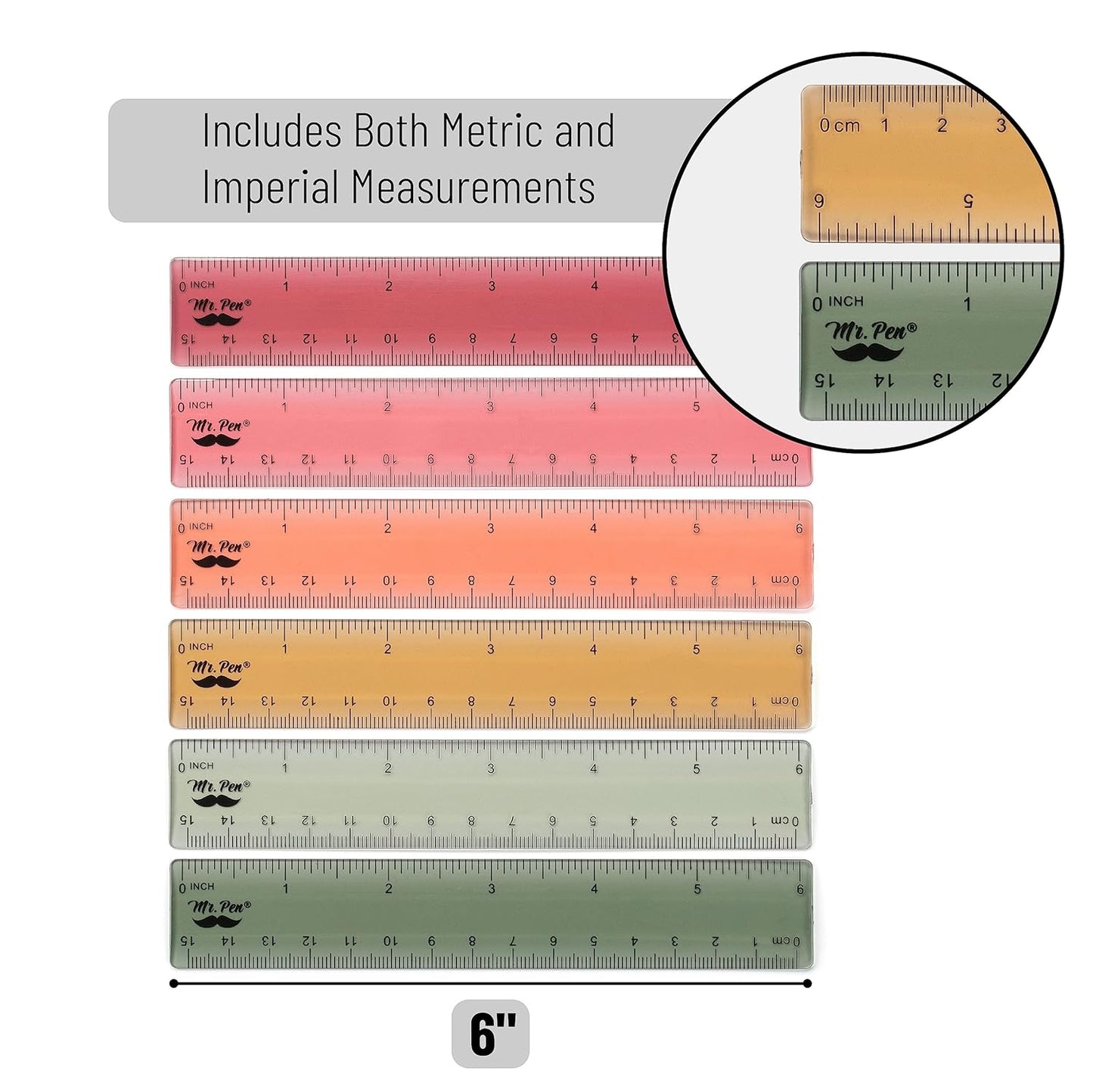 Mr. Pen- Ruler, 6 Inch, 6 Pack, Vintage Colors, Rulers for School, Clear Plastic Ruler, Back to School Supplies