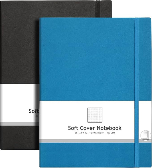 AHGXG Bullet Dotted Journal 2 Pack - B5 Large Journal Dot Grid Notebook (7.6'' X 10'') with Thick 120gsm Dot Paper, Soft Leather Cover, Total 384 Pages, Inner Pocket - BlackBlue