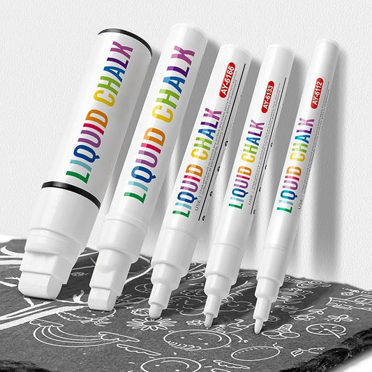 White Chalk Markers For Chalkboard, Liquid Chalk Markers Erasable 5 Variety Pack - 1mm Ultra Fine Tip, 3mm Fine Tip, 6mm Medium, 10mm Bold, 15mm Jumbo For Blackboard, Car Window, Signs, Glass, Bistro