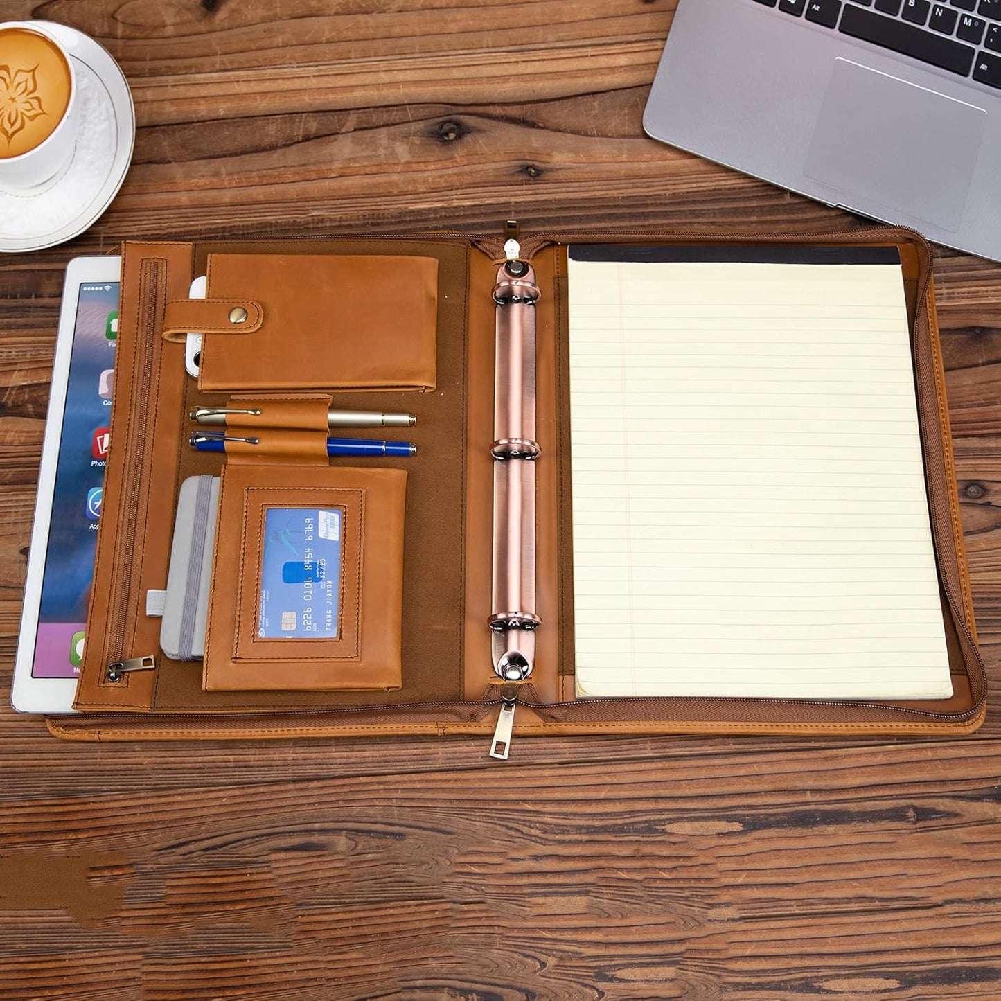 Professional Leather Business Padfolio Portfolio Case, 3 Ring Binder,Zippered Business Document Organizer Folder Tablet Pad Folio,with Letter Size Notepad (Brown Standard)