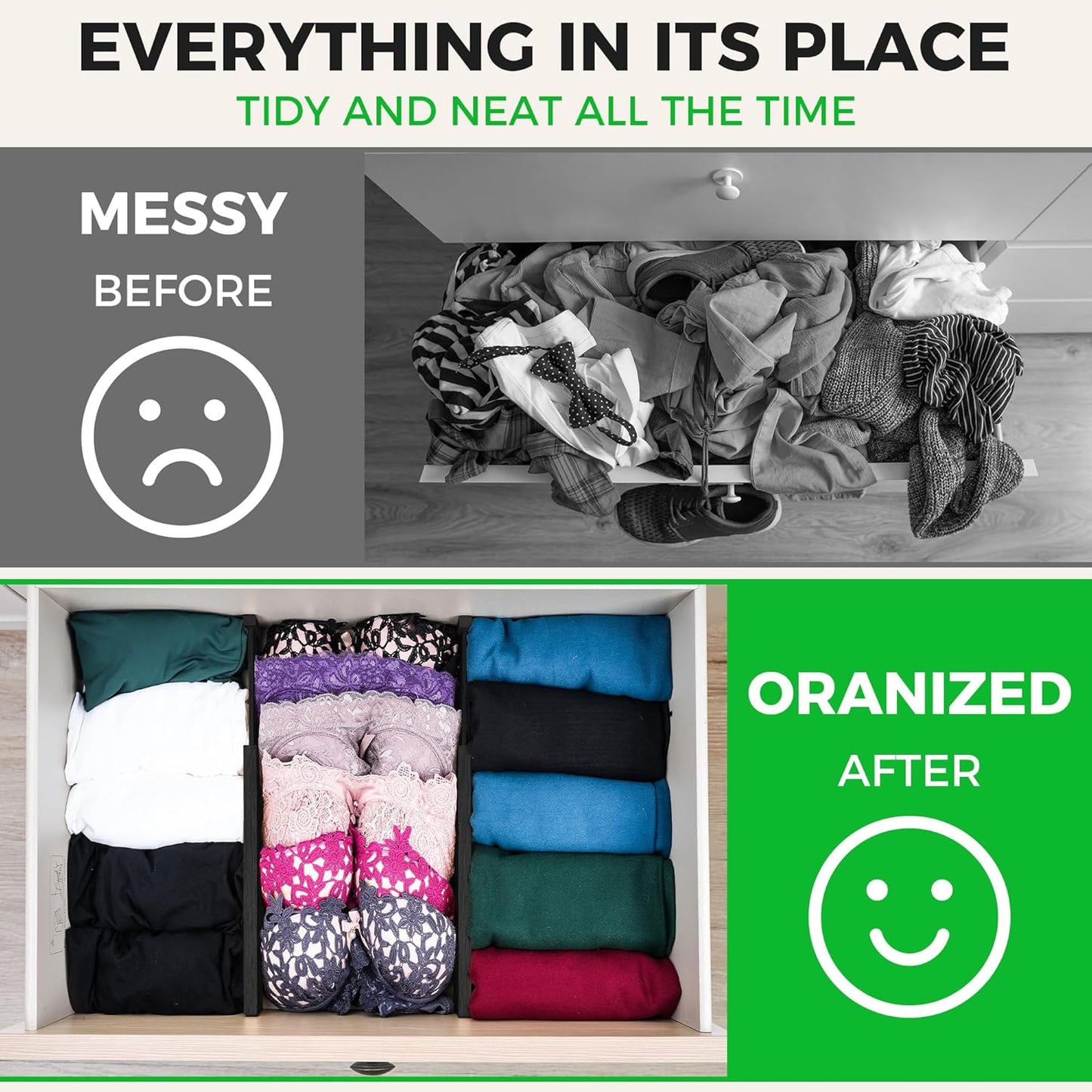 Bamboo Drawer Dividers Organizer with Inserts, Expandable from 12.5-21.7", Adjustable Drawer Organizer Separators for Utensils, Dresser, Bedroom, Bathroom, Closet, Clothing, Office (Black)