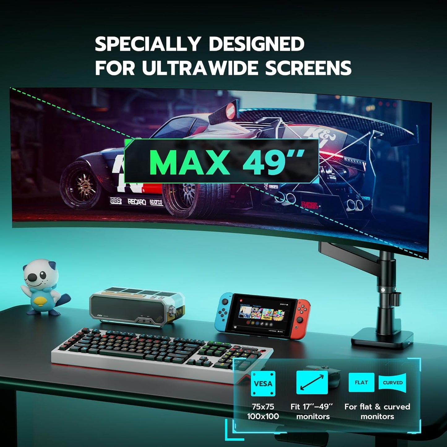 ARES WING Ultrawide Monitor Mount with USB A/C, with Extended Column for 17 to 49 inch Heavy Duty Monitor, Holds 44 lbs, Adjustable Gas Spring Desk Mount, Black