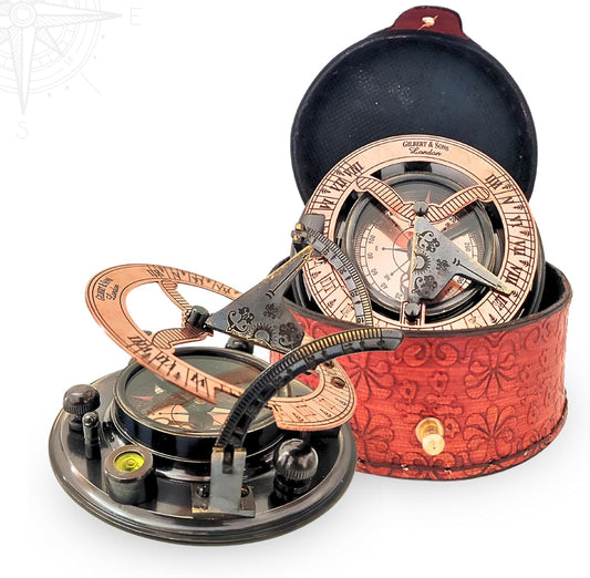 Antique Brass & Copper Sundial Compass, Sundial Clock in Box Gift Sun Clock Ship Replica Watch, Nautical Gifts for Men, Unique Nautical Decor, Naval Maritime Sundial (#5 Antique Gilbert)