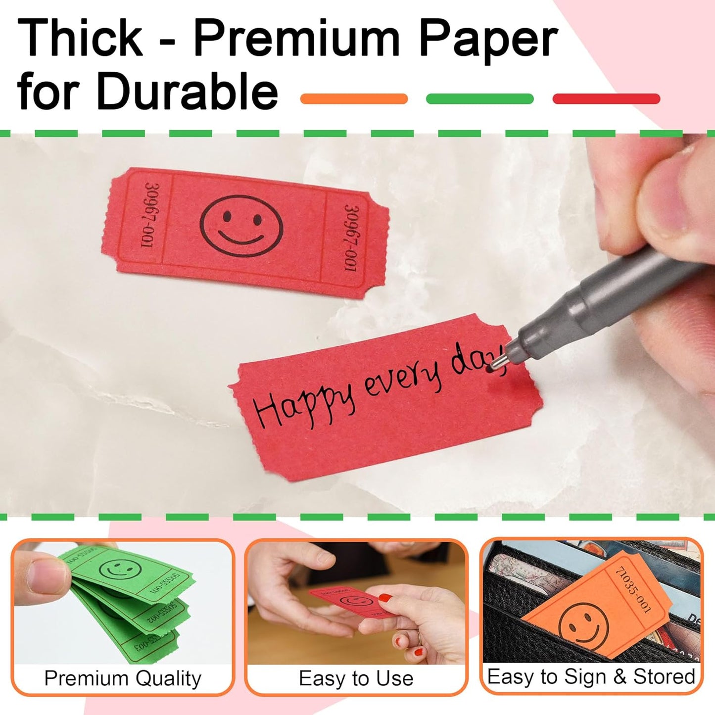 L LIKED 1500 Raffle Ticket Rolls, 3 Assorted Colors, 1x2 Inch Smile Ticket for Events, Entry, Class Reward, Parties, Giveaways&Prizes (Red, Orange, Green)