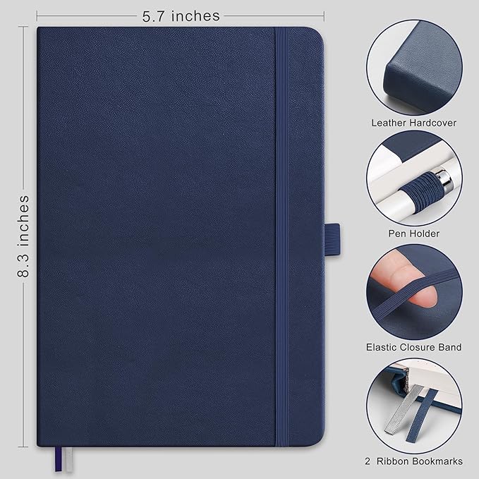 RETTACY Bullet Dotted Journal Notebook, 192 Pages, A5 Medium Size (5.7'' x 8.3''), Leather Hardcover, 100 GSM Thick Paper, for Bullet Journaling, Planning, Tracking (Navy Blue)
