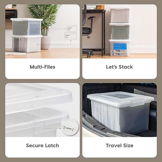 IRIS USA File Box, Plastic File Organizer with Lids for Letter/Legal File, Portable Document Box For Moving, Storage Bin with Durable and Secure Lid, Stackable Nestable BPA-Free, Clear 35 Qt. 4 Pack