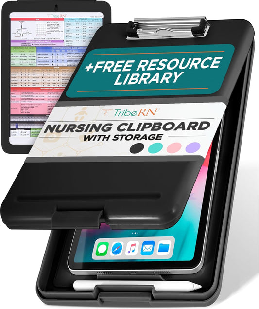 Tribe RN Nursing Clipboard with Storage - Medical Clipboard Nursing Essentials for Nurses and Nursing Students School Supplies with Quick Access Reference Guide (Black)