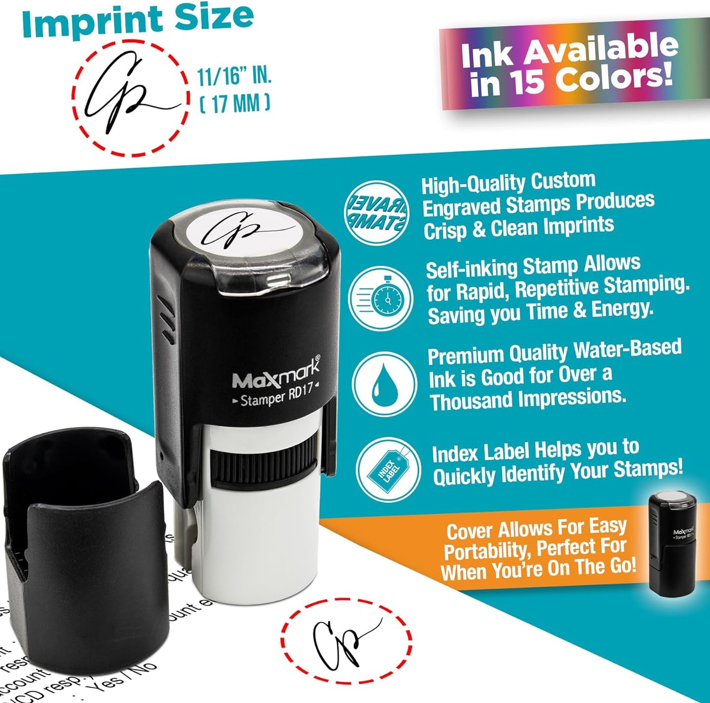 MaxMark Custom Round Self Inking Small Signature Stamp - 15 Colors to Choose