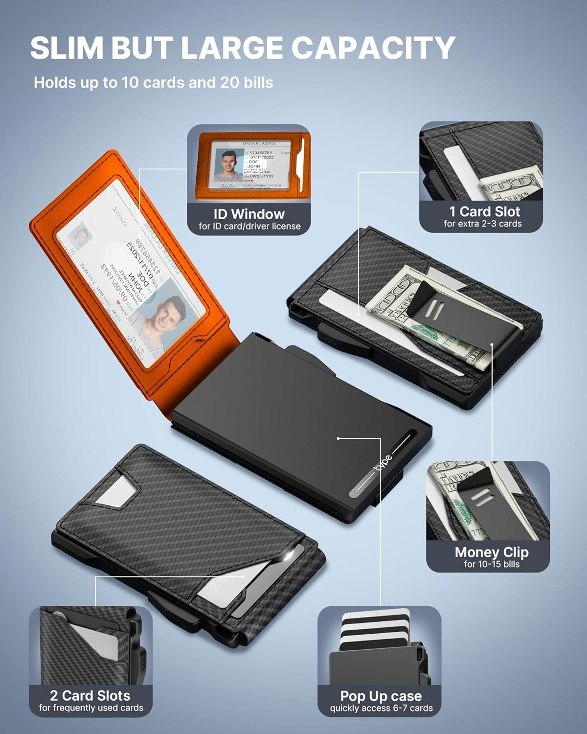 typecase Tactical Wallet for Men Card Holder: Pop Up Card Case, Genuine Leather, Smart, RFID Blocking, Slim, Minimalist, Thin, Front Pocket - 9-13 Card Capacitiy, ID Window, Money Clip (Orange)