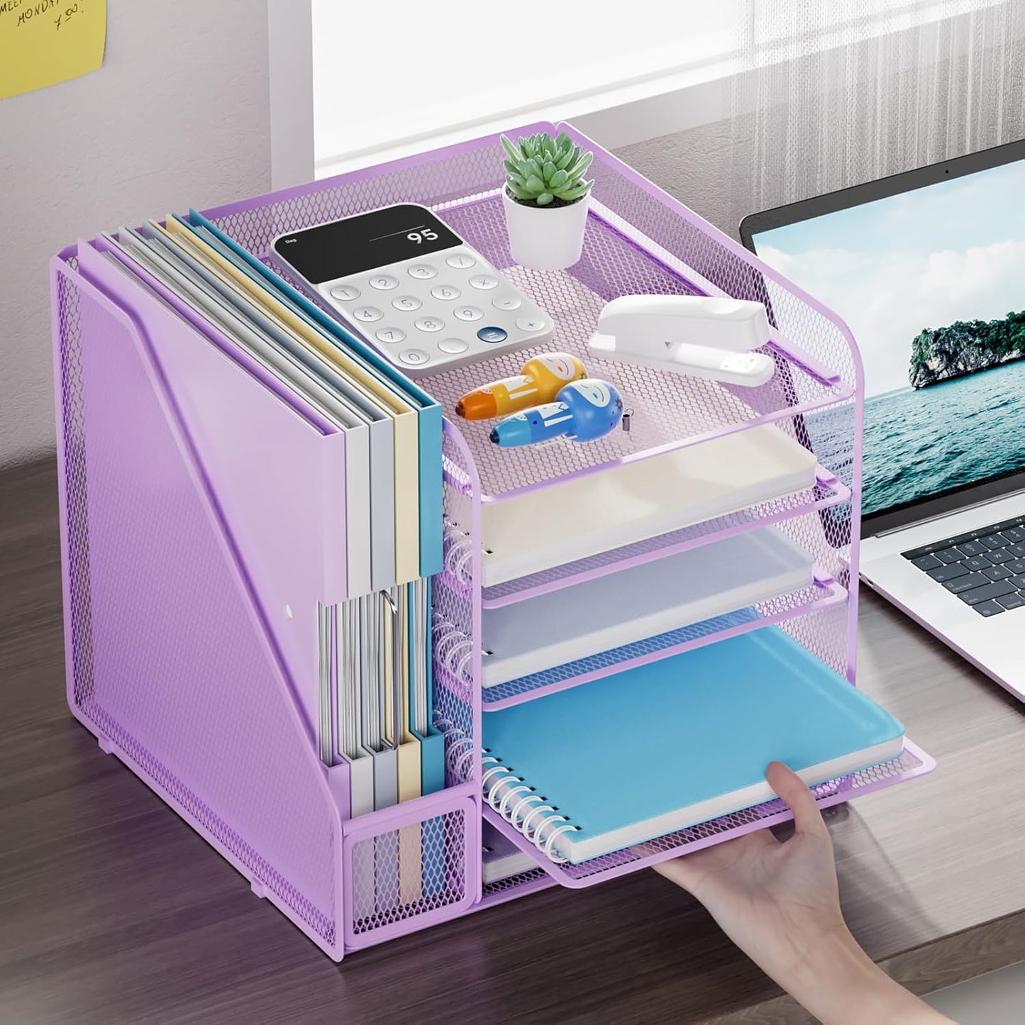 Marbrasse Desk Organizers and Accessories, 5-Tier Paper Letter Tray Organizer with File Holder, Mesh File Organizer, Office Desk Accessories & Organization for Supplies (Purple)