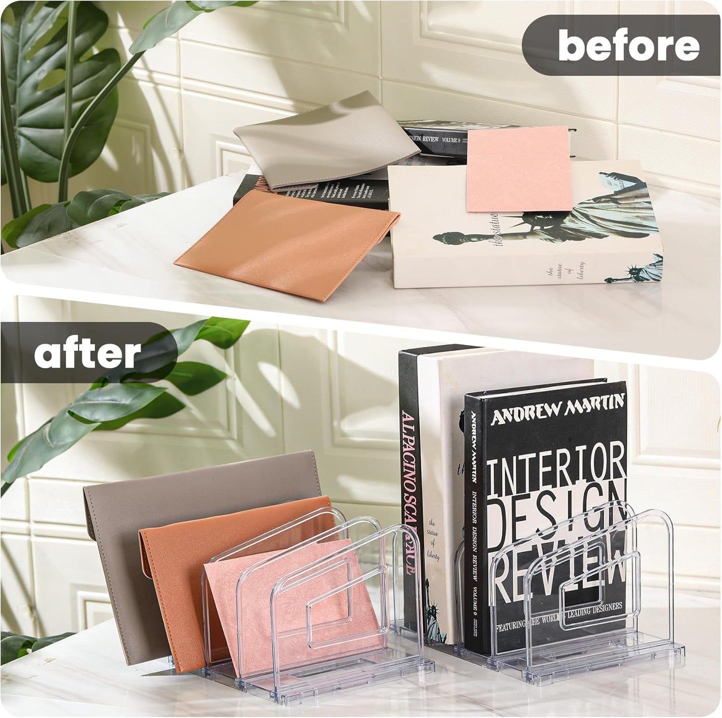 File Organizer, Acrylic File Folder Organizer File Sorter, Plastic Vertical Book Dividers for Magazine Mail Letter Paper, Desktop Organizers for Office, Classroom & Home(4 Sections, 2 Pack)