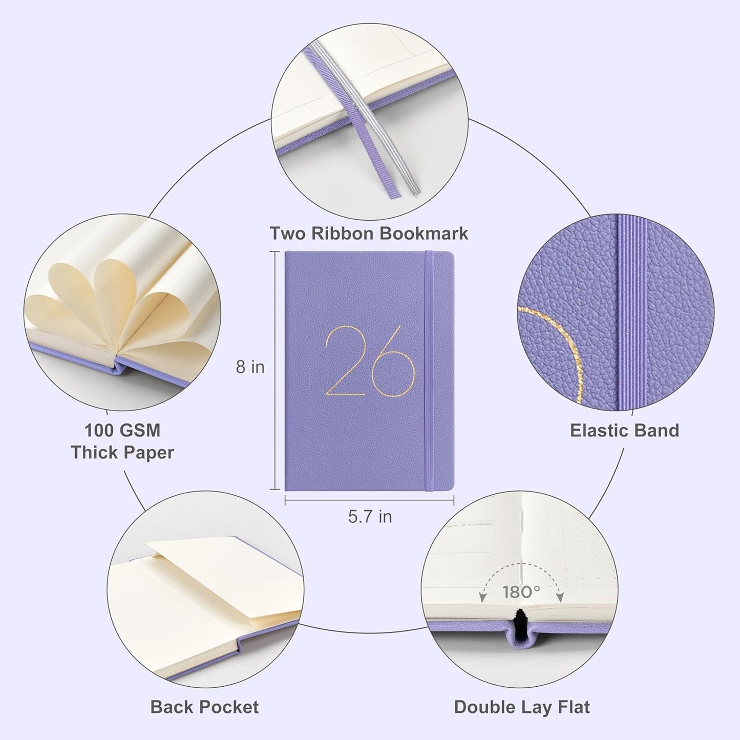 And Per Se 2026 Planner-Daily, Weekly & 15-Monthly Leather Hardcover Planner, 5.7" x 8", Daily Schedule, Monthly Tabs, 100 GSM Thick Paper, Back Pocket(Lavender)