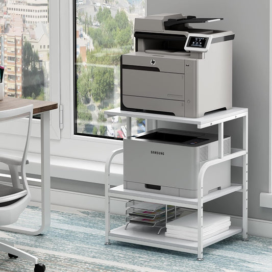 White Printer Stand, 23.6 x18.9 x 30 Inches Big Size Printer Table with Adjustable Shelf, 3 Tier Rolling Printer Cart with Wheels for Home Office Storage and Organization