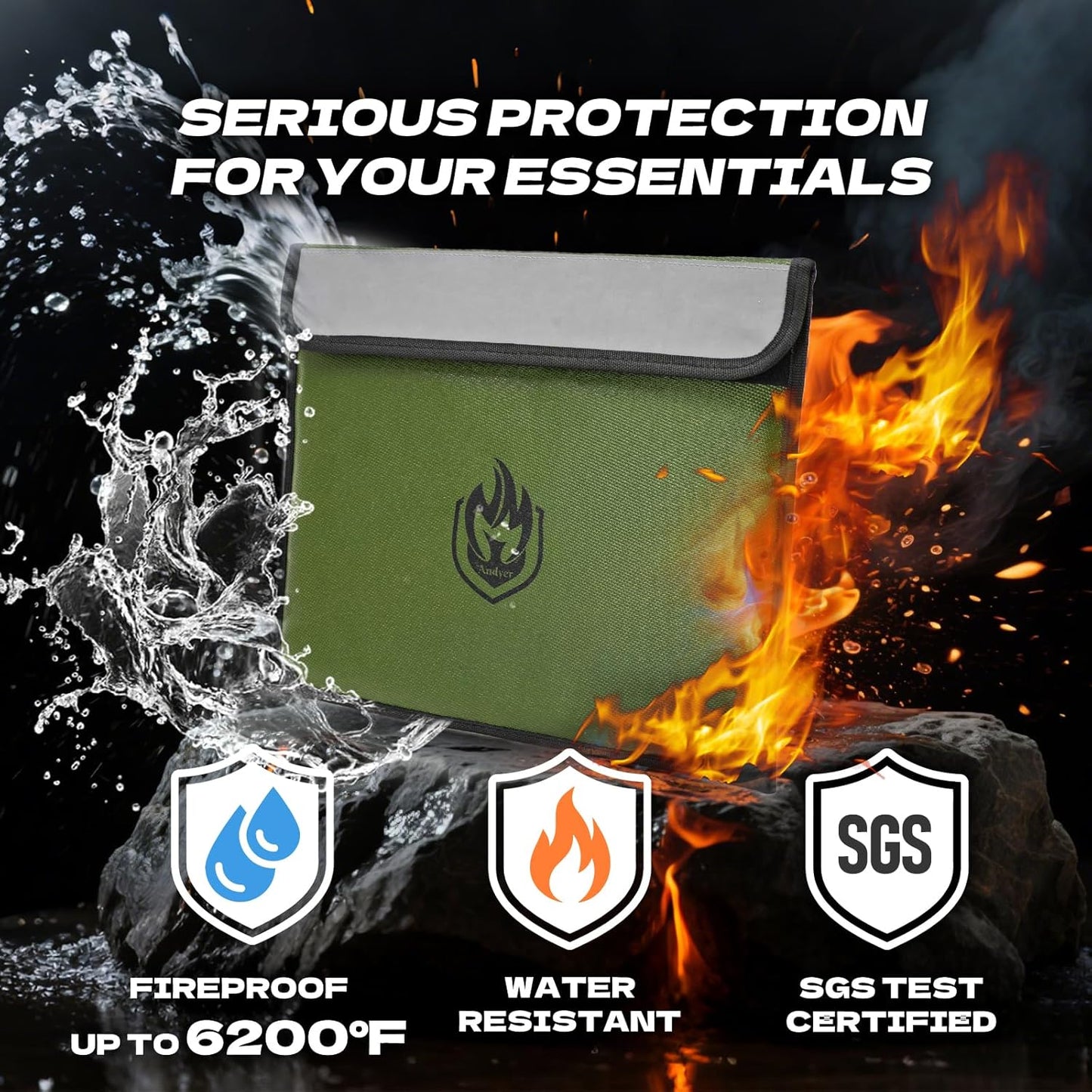 2 Pockets Fireproof Document Bag 6200°F, 10 Layers Waterproof Fireproof Money Bag for Cash with Reflective Strip, Heat Insulated Waterproof Document Holder Pouch, Fire Safe Storage, 14.7”x 11.2”