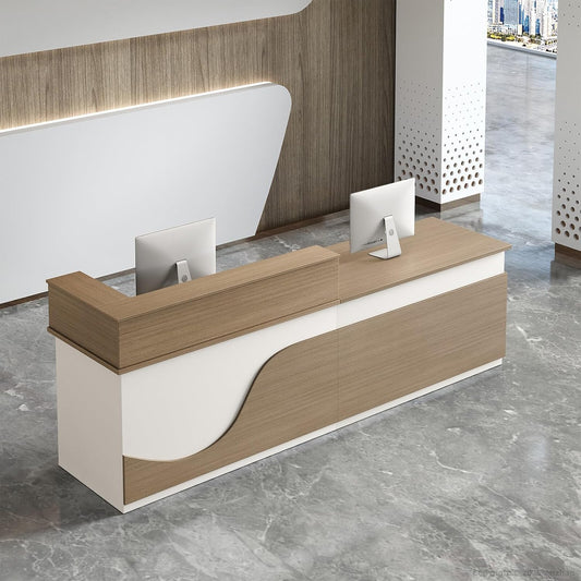 Modern Reception Desk – L Shaped Front Desk Checkout Counter with Drawers, Storage Cabinet and Double-layer tabletop for Office, Salon, Lobby, Cashier (White+Natural/Right, 79"L * 24"W * 39"H)
