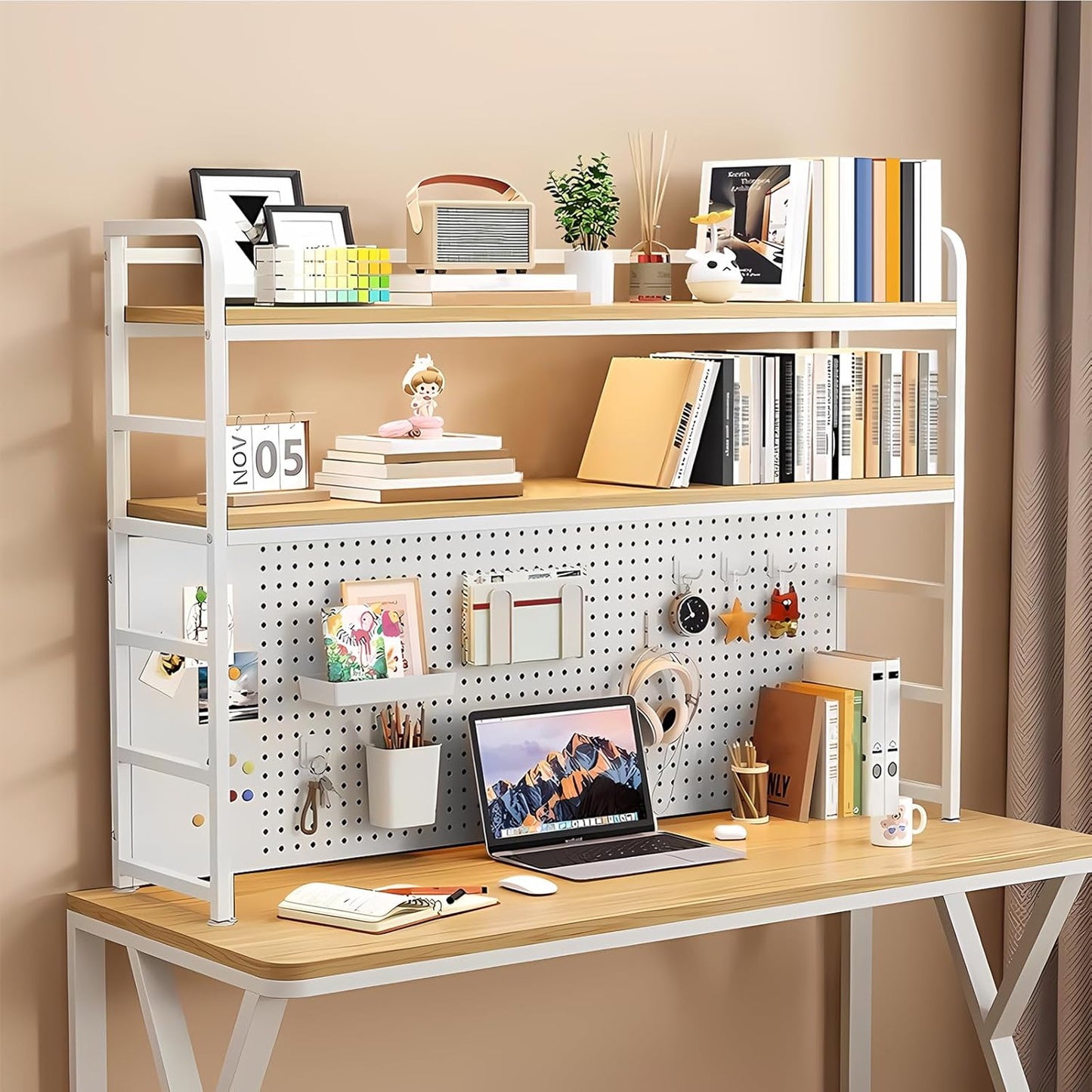 MDF Desk Hutch 2 Tier with Pegboard, Countertop Desktop Bookshelf, Storage Organizer Rack for Office, Home, Dormitory (white, 43.3in)