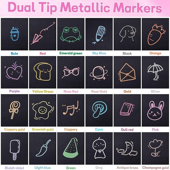 24 Pack Metallic Markers, Dual Tip Glitter Pens for Black Paper & Rock Painting Metallic Acrylic Paint Markers for DIY Crafts, Scrapbooking, Glass, Wood, Cards Alcohol Based Quick Dry Ink