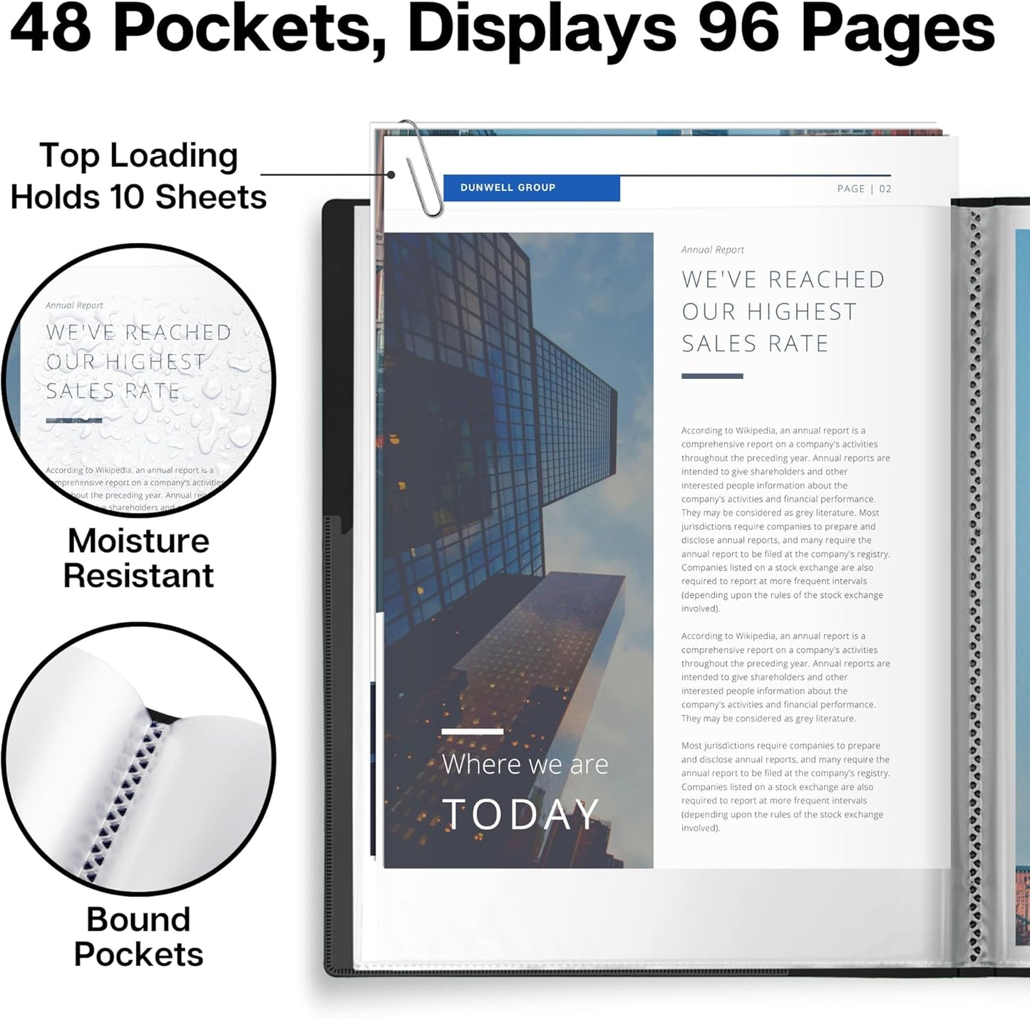 Dunwell Presentation Binder 48-Pocket, Displays 96 Pages, 8.5x11 Portfolio Binder with Plastic Sleeves, Storage and Organizer for Documents, Photos, Kids Artwork, Projects, Recipes (Black)