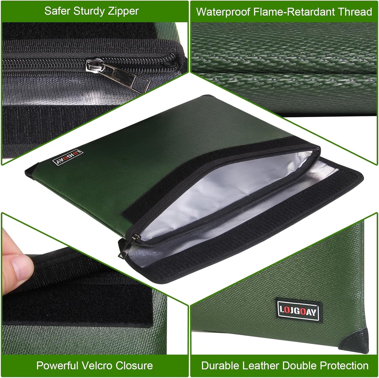 Waterproof Fireproof Document Bag - 5200°F with Heat Insulated, fireproof bags with Zipper, Fire Safe Envelope Bag for Cash/Important Documents/Valuables, fire proof money bag (Green, 13.9"x10.6")