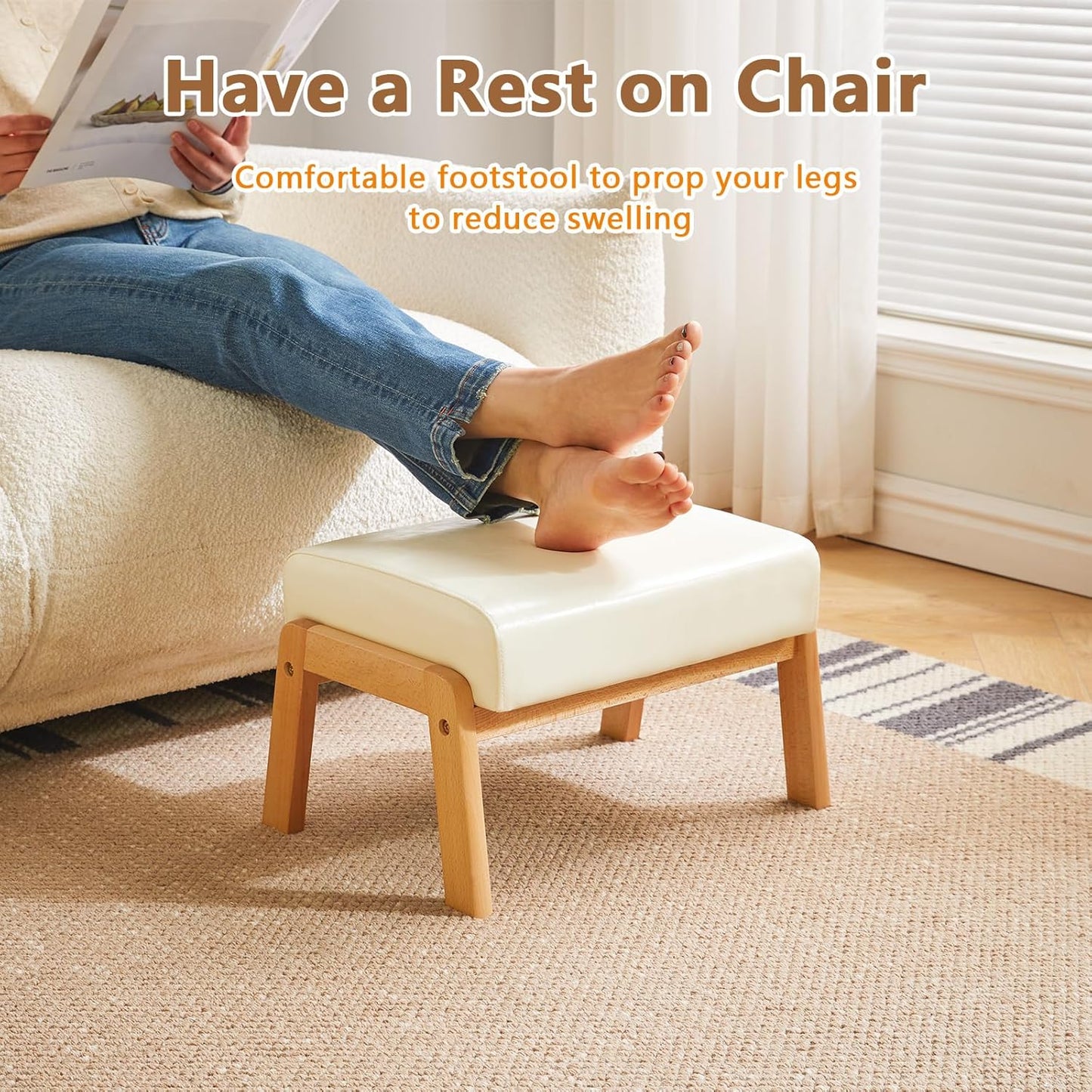 IBUYKE 10.2” H Small Foot Stool Ottoman, Rectangle PU Faux Leather Foot Rest with Padded Seat and Wood Legs, Modern Accent Ottoman Foot Rest for Living Room Bedroom Couch Office, White WBD013W