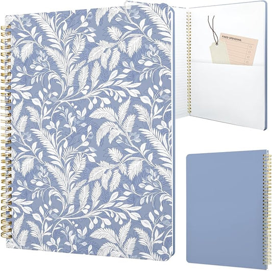 Cute Spiral Notebook journal A4 Aesthetic Pretty Design for Women Girls Kawaii with Pocket, 8.5 x 11 inch, Lined, Blue Leaves