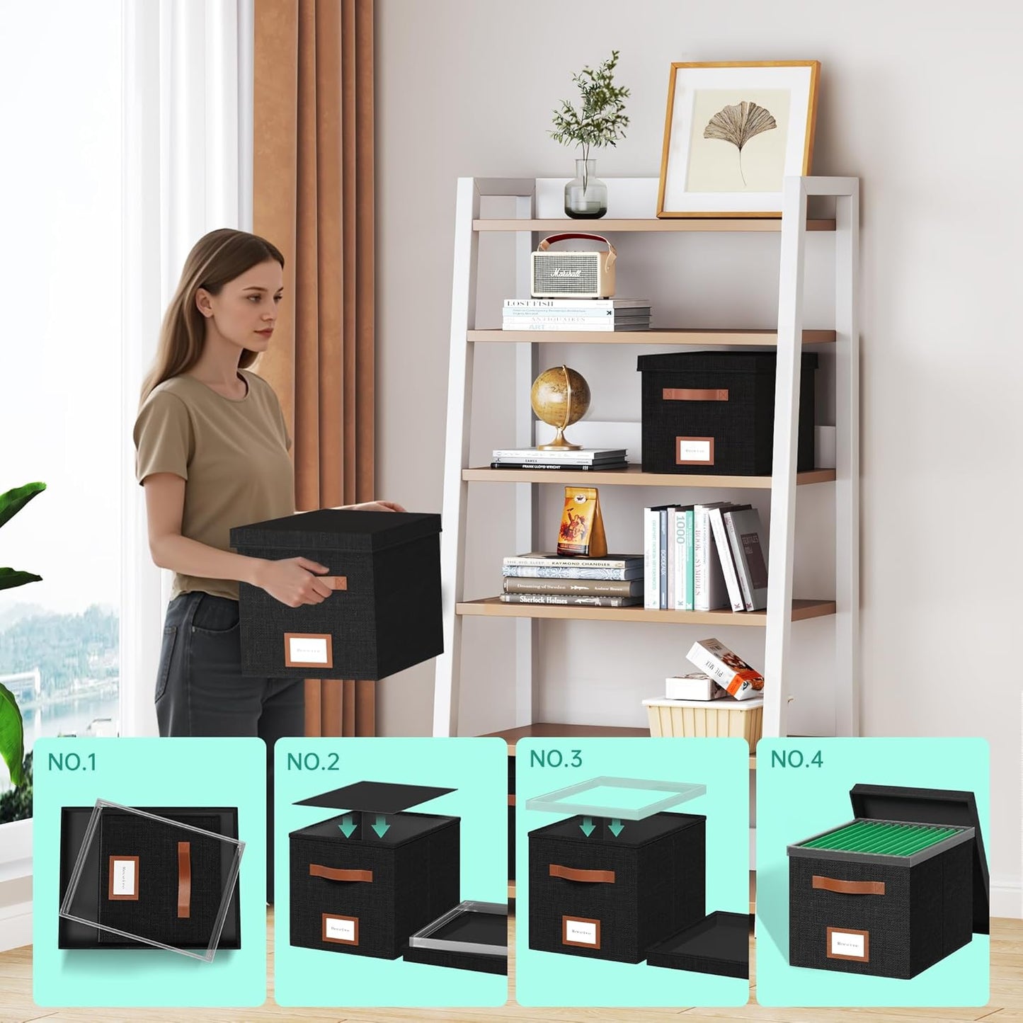 File Box for Hanging, File Organizer Box with Lid Decorative File Folders Letter Size Organizer with One-Piece Integrated Plastic Slide Rail (Black, 13.2x10.1x10.1inch(3pack))