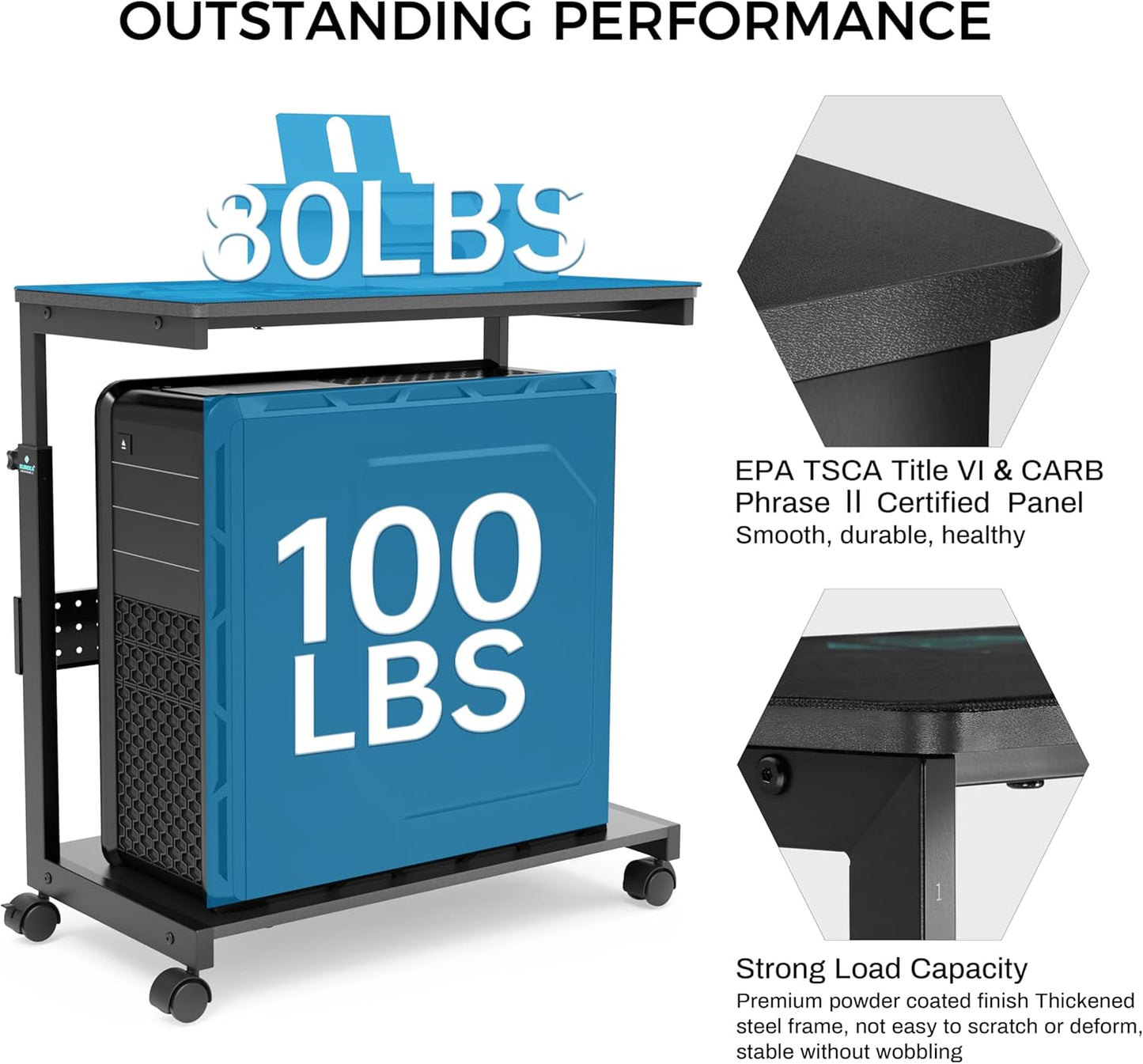 EUREKA ERGONOMIC PC Stand Computer Cart, Height Adjustable Tower Stand 2-Tier Suit for ATX Case Printer, Metal Rolling Cart on Wheels for Gaming Home Office, Black