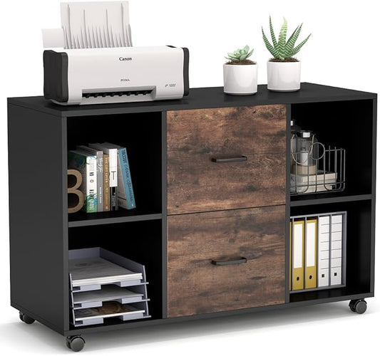 Tribesigns 2 Drawer File Cabinet, Large Mobile Lateral Filing Cabinet for Letter Size, Printer Stand with Storage Shelves and Rolling Wheels for Home Office (Black/Rustic)