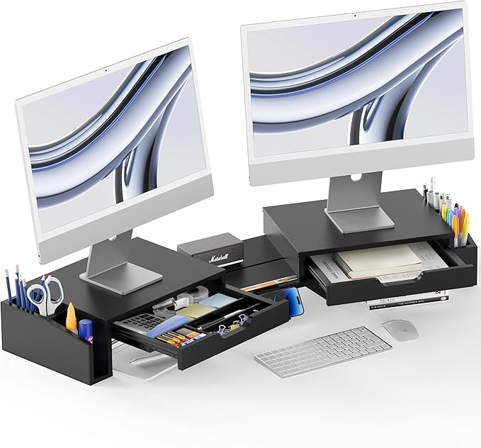 Simple Houseware Desk Dual Monitor Stand Riser with Pull-Out Drawers, Black