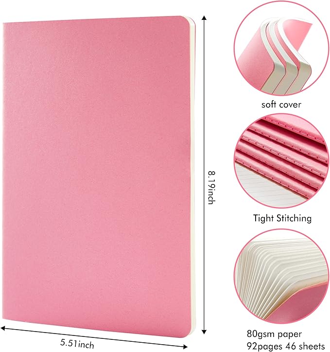 8 Pack Soft Cover Journal Bulk, Feela Notebooks College Ruled for Work, Lined Travel Journal for Women Men, Note Taking Notebook School Supplies Business Writing, 8.2” x 5.5”, A5, Pink