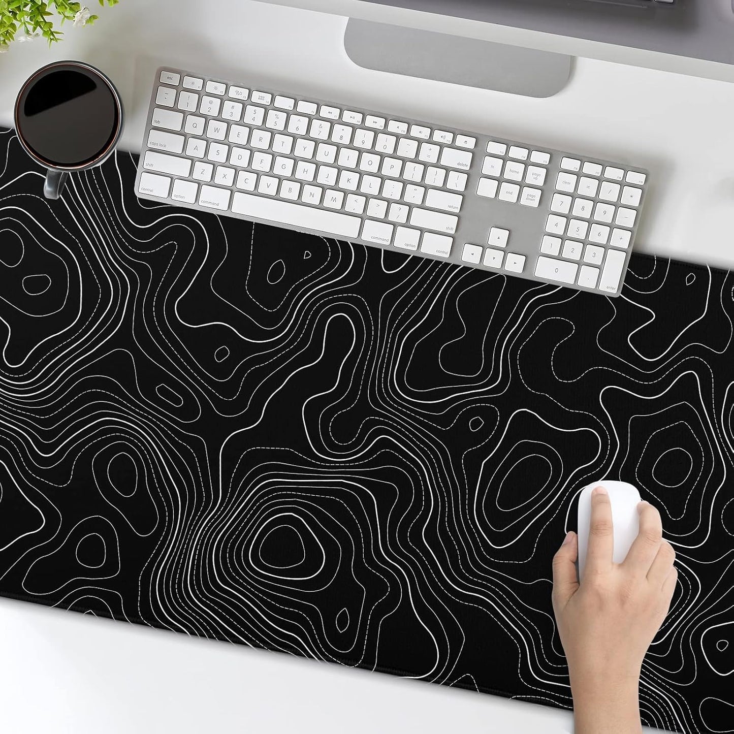 Topographic Contour Black Gaming Mouse Pad XL Topo Geographic Map Lines Extended Large Mouse Pad Big Desk Mat Non-Slip Rubber Base Stitched Edge Long Keyboard Playmat for Desk Computer,31.5×11.8 in