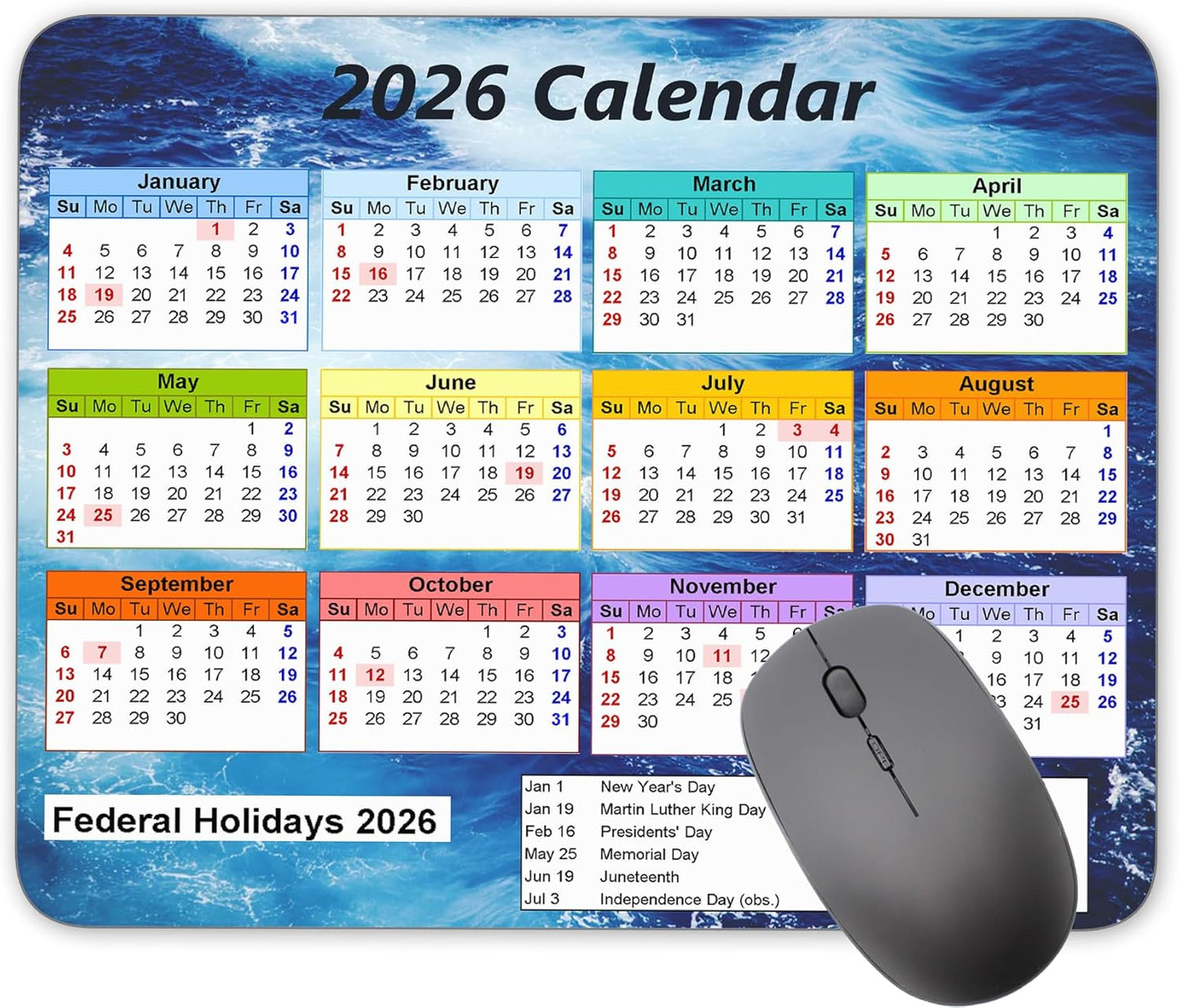 Calendar Mouse pad, 2026 Ocean Wave Background Calendar Natural Rubber Mouse Pad, Quality Creative Gaming Rectangle Mouse Personalized Desk Mouse Pad 9.5 inch x 7.9 inch