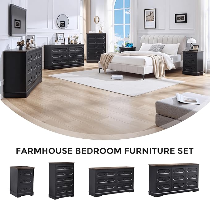 LIDYUK 9 Drawer Dresser for Bedroom Farmhouse Black Tall Wood Chest of Drawers for Bedroom Dresser, Modern Rustic 59" Wide Drawers Dressers Wooden Closet and Storage Cabinet, Hallway, Living Room