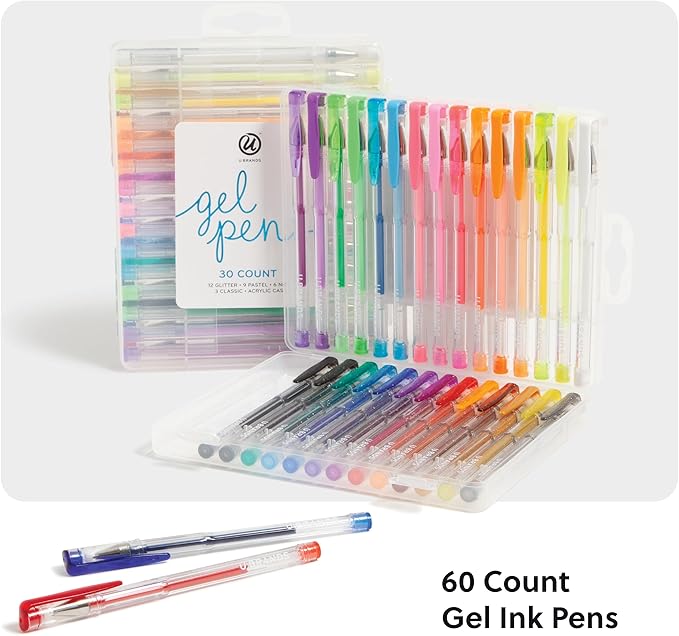 U Brands Metallic Gel Pens, Set of 60, Assorted Point Sizes, Glitter, Pastel, Neon and Classic Assorted Colors