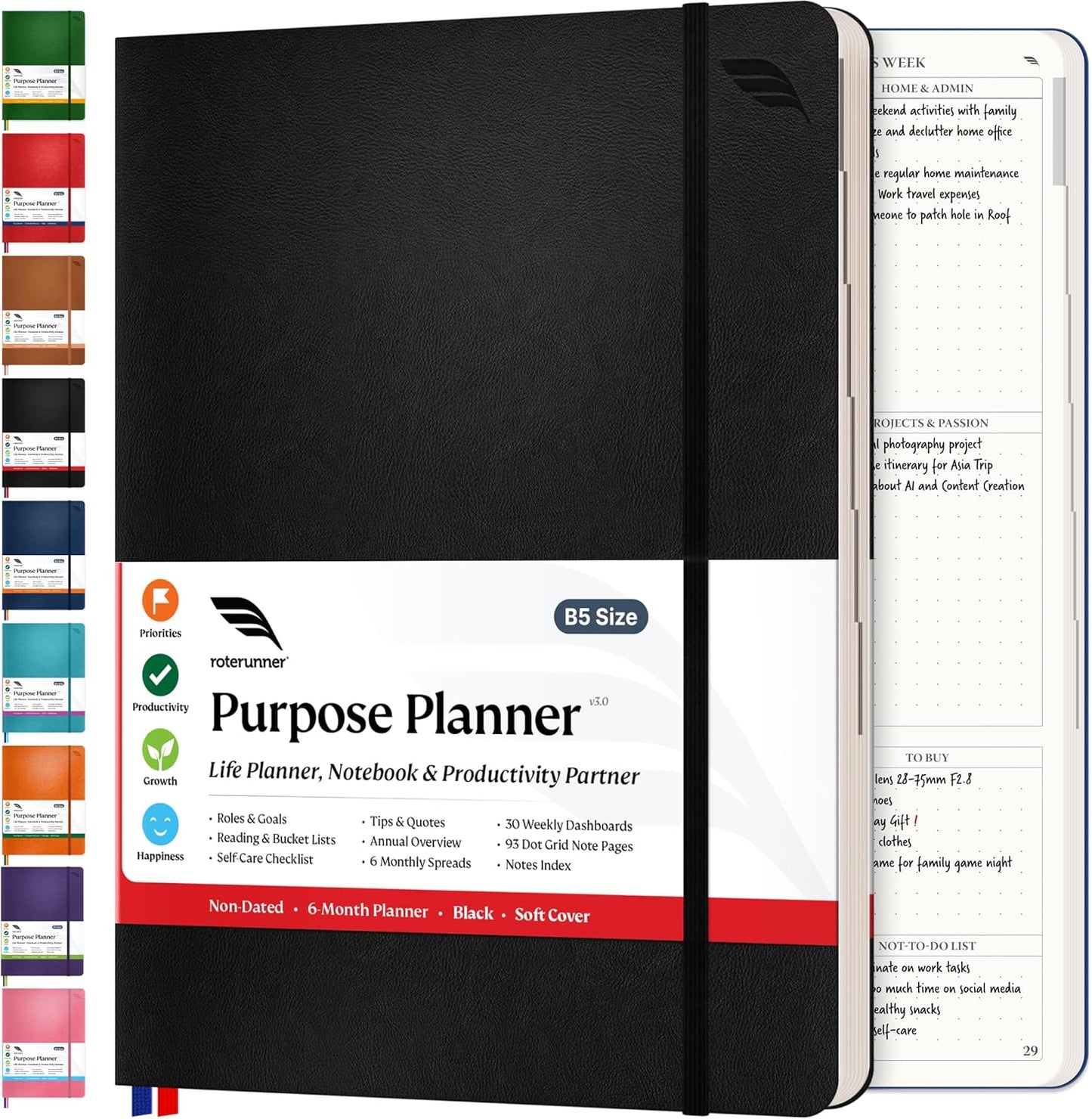Purpose Planner B5 Undated Monthly Weekly Daily Productivity Journal 2024 Life Health Goal Setting Business Tool for Professionals Moms Academic Student Organizer Notebook (7.5”x9.8” Black Softcover)