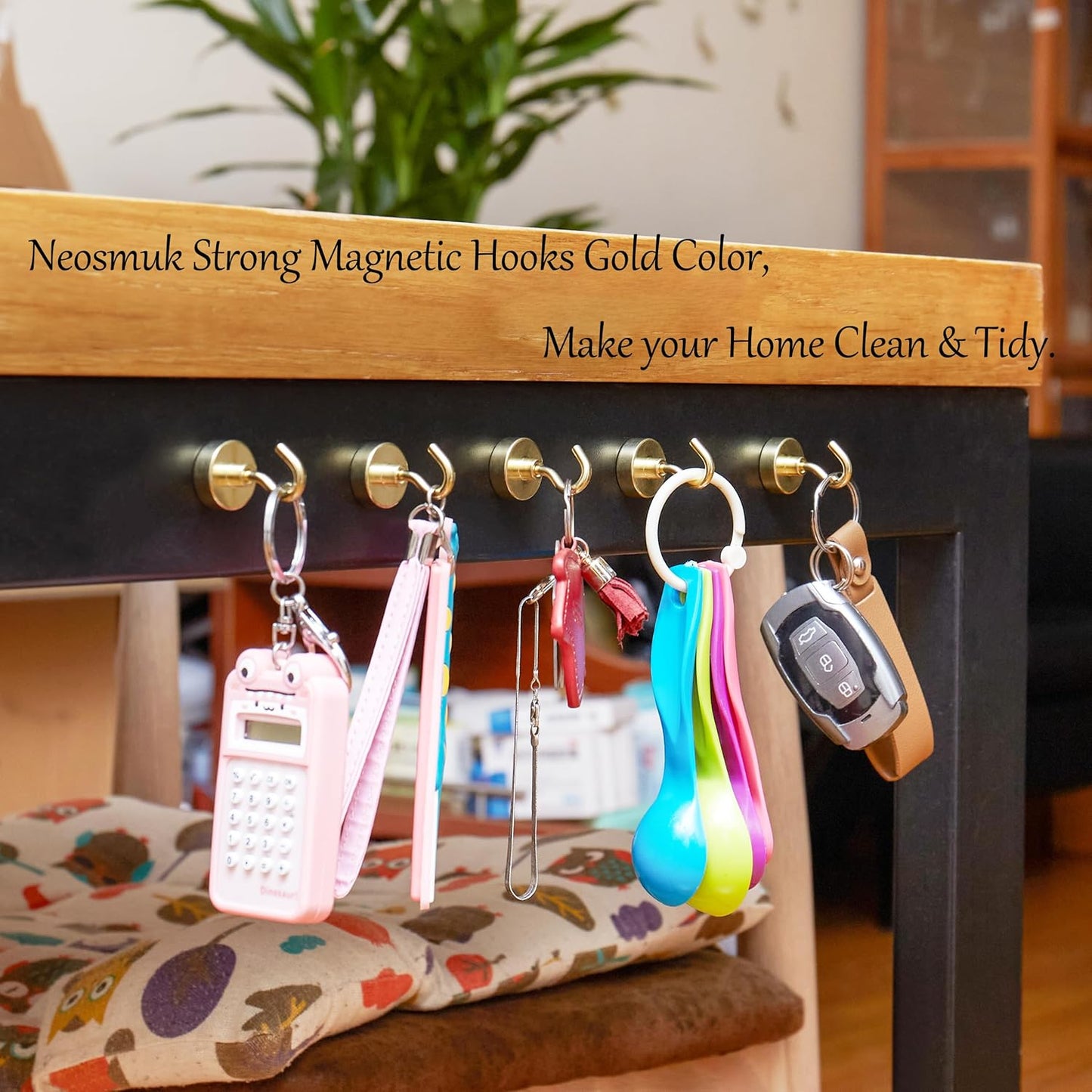 Neosmuk Magnetic Hooks,Heavy Duty Earth Magnets with Hook for Refrigerator, Extra Strong Cruise Hook for Hanging, Magnetic Hanger for Cabins, Grill (Gold, Pack of 4)