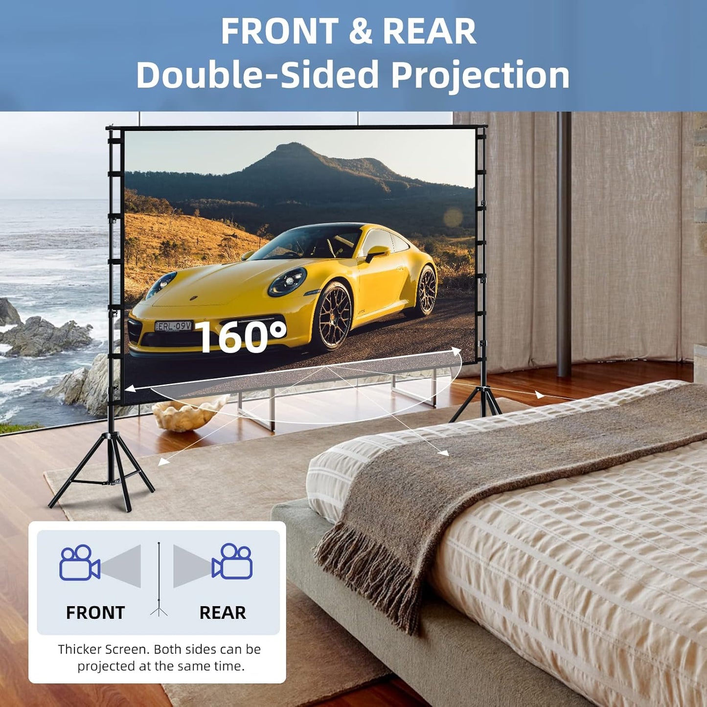 TOWOND Projector Screen and Stand, 150 inch Indoor Outdoor Projection Screen, Portable 16:9 4K HD Rear Front Movie Screen with Carry Bag Wrinkle-Free Design for Home Theater Backyard Cinema