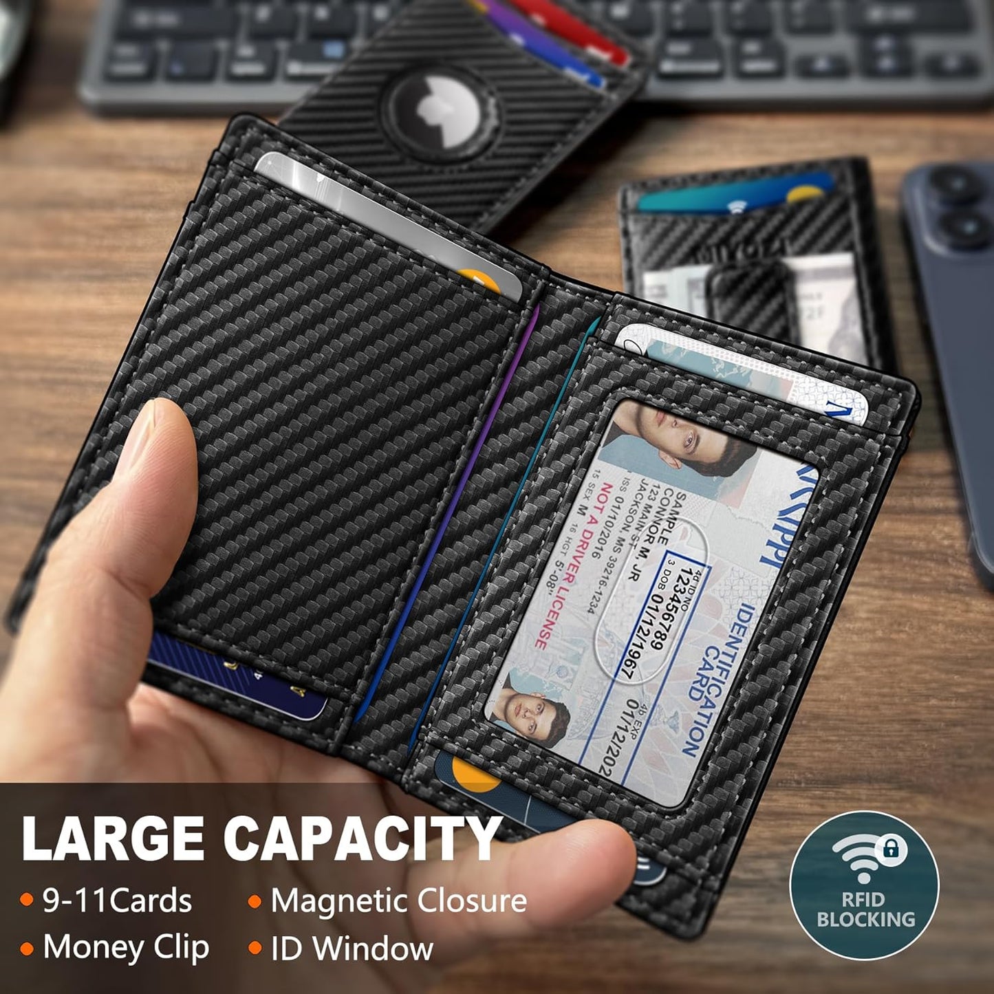 Airtag Wallet for Men- with Money Clip Gift Boxed, Magnetic Closure Slim Genuine Leather Front Pocket Wallet, 4.1"x 2.8", RFID Blocking