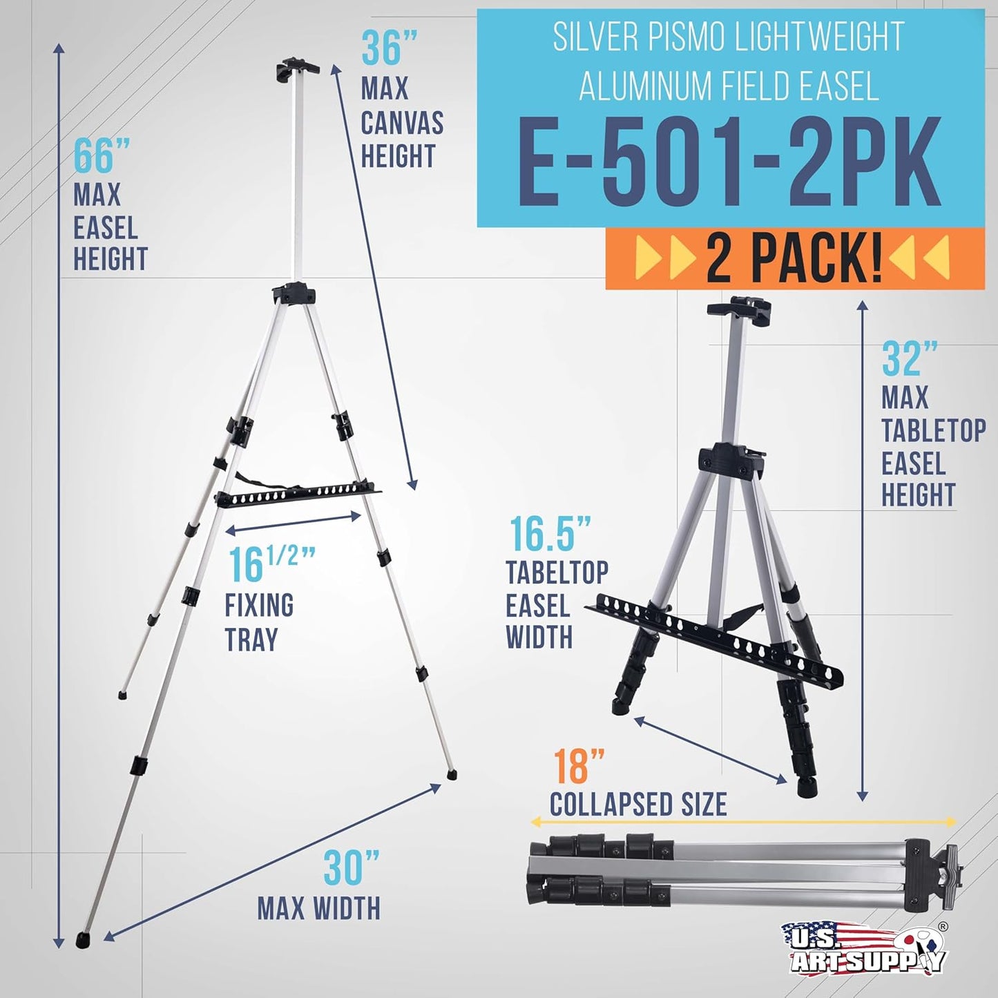 U.S. Art Supply 66" Silver Metal Tripod Easel Display (2 Pack) - Adjustable 18"- 5.5', Holds 36" Canvas - Floor/Tabletop Easel Stand, for Sign Display, Painting, Poster Board, Canvas - Portable Bag