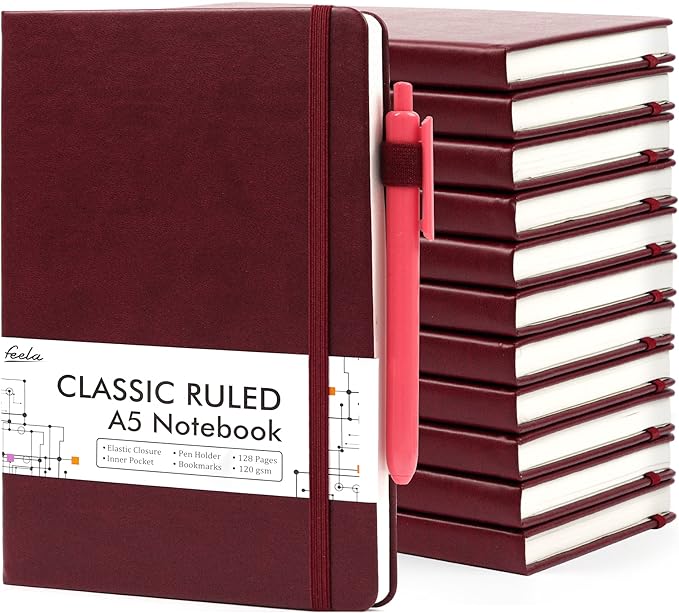 12 Pack Notebooks Journals Bulk with 12 Black Pens, Feela A5 Hardcover Notebook Classic Ruled Journal Set with Pen Holder for School Business Work Travel Writing, 120 GSM, 5.1”x8.3”, Wine