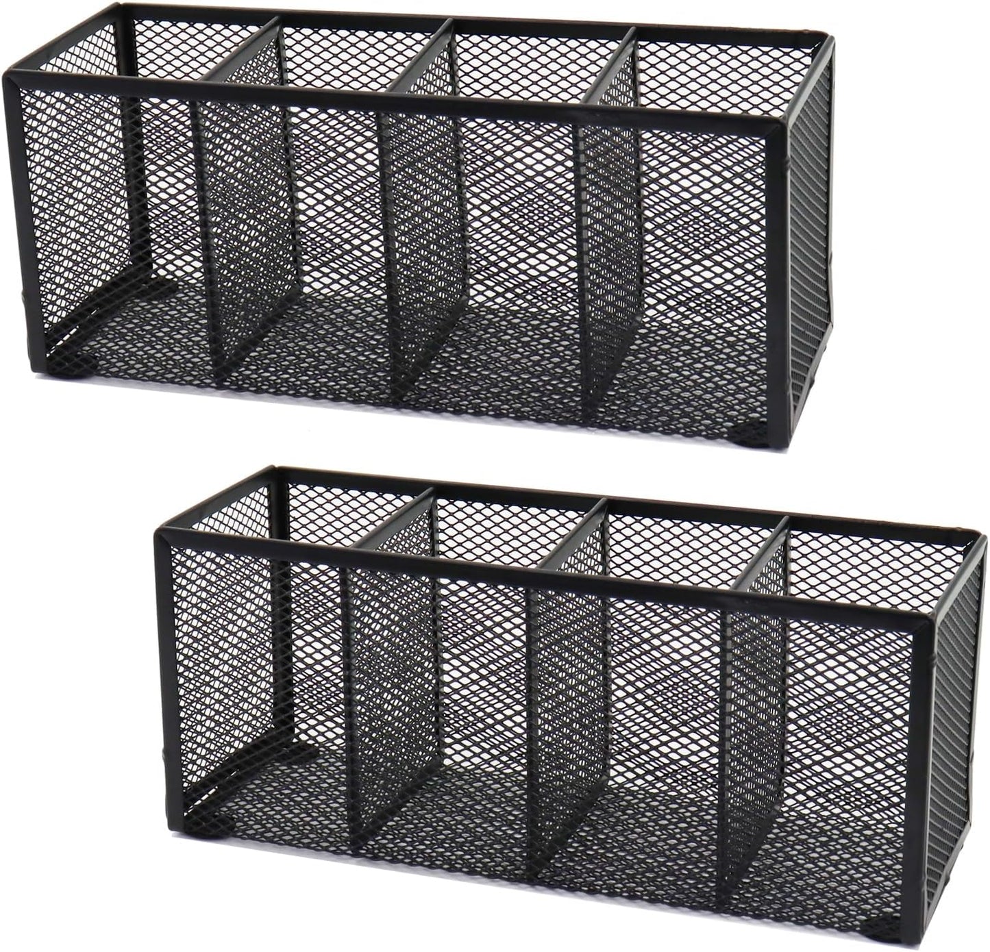 2PCS Black Mesh Pen Pencil Holder, Metal Desk Organizer Desktop Stationery Office Supplies Acessories Storage Stand, 4 Compartments Brushes Holder for Home School Classroom Teachers