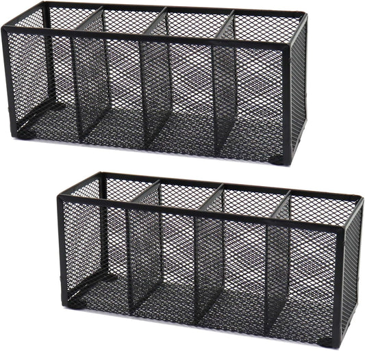 2PCS Black Mesh Pen Pencil Holder, Metal Desk Organizer Desktop Stationery Office Supplies Acessories Storage Stand, 4 Compartments Brushes Holder for Home School Classroom Teachers