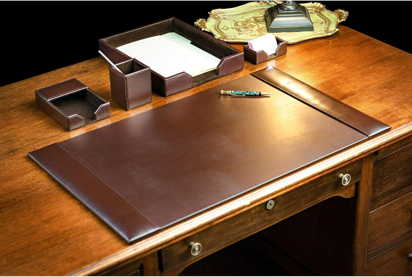 Dacasso Bonded Leather Desk Set - Luxury Leather Desk Pad & Desk Organization Essentials - Office Organization & Executive Desk Decor - (Dark Brown, 5 Piece)