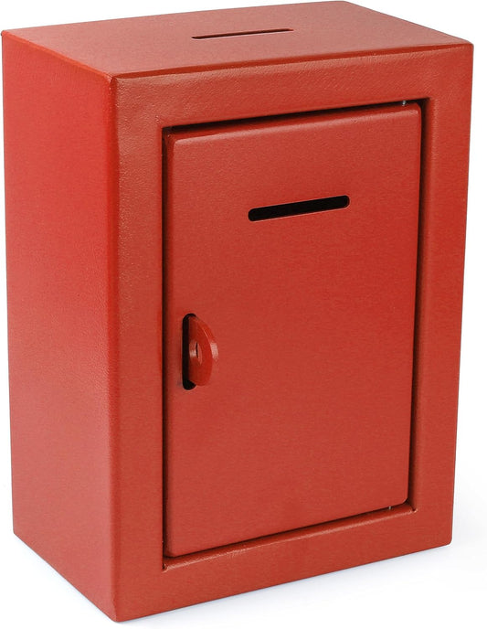 Secure Metal Charity Collection Box - Steel, Drop Box with Slot, Easy Wall Mount, 8.5x6.5x4", "Red