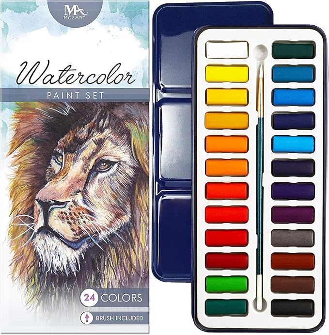 MozArt Supplies Watercolor Paint Essentials Set - Lightweight and Portable Metal Box - Lid Has 3 Partitions for Color Mixing - Easy-to-Blend Non-Toxic Formulation - 24 Vibrant Colors with Paintbrush