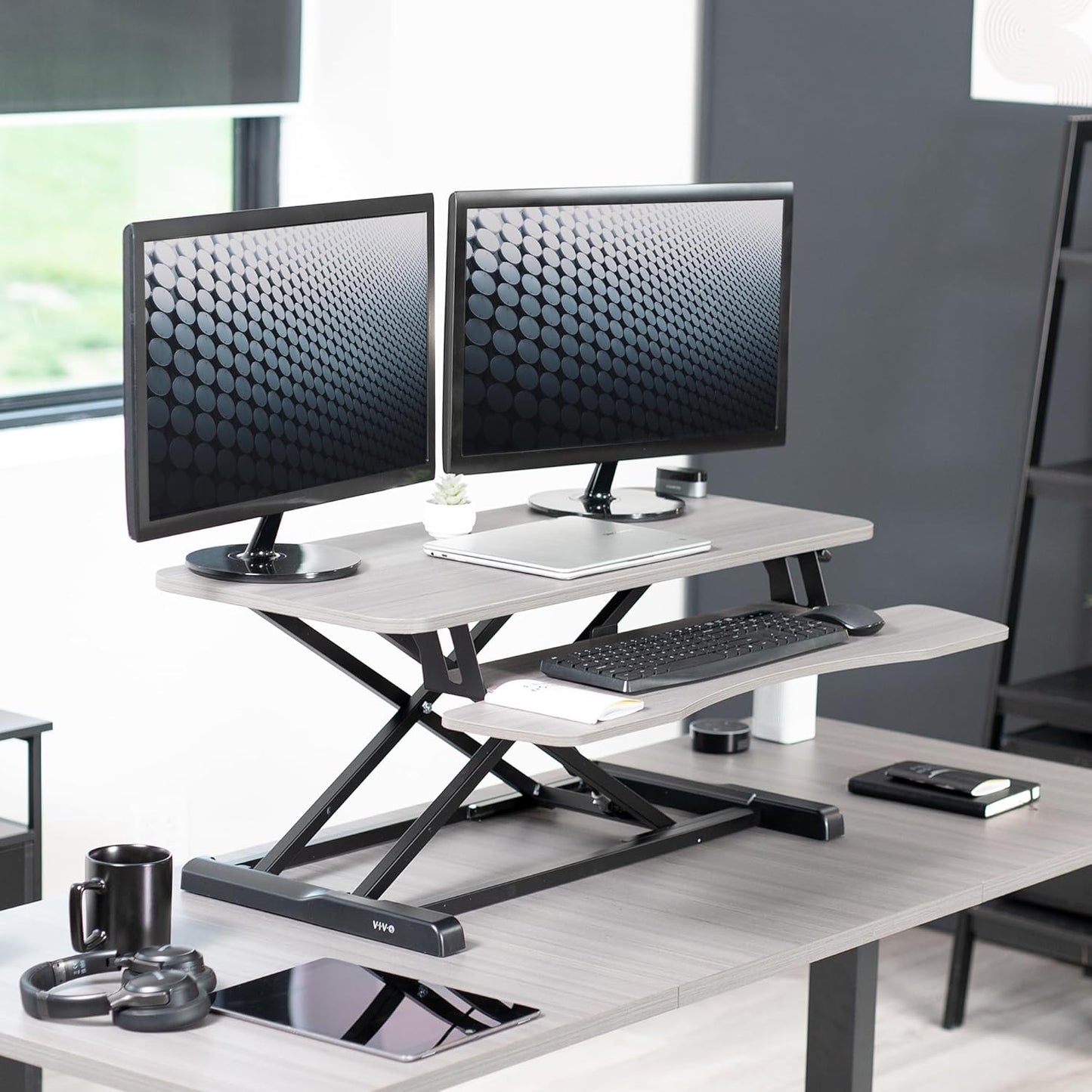 VIVO 36 inch Desk Converter, K Series, Height Adjustable Sit to Stand Riser, Dual Monitor and Laptop Workstation with Wide Keyboard Tray, Gray Top, Black Frame, DESK-V036KG