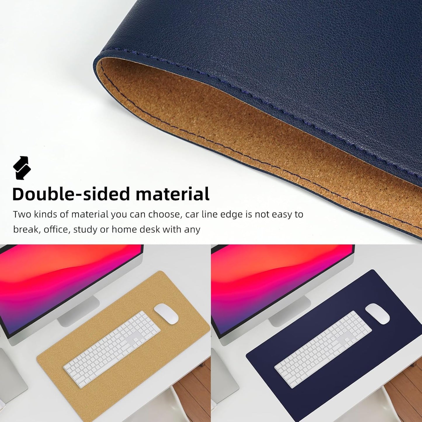 AFIING Dual-Sided Desk Pad, Natural Cork & PU Leather Large Mouse mats for Office and Home Work, Desk Protector Non-Slip, Waterproof, Easy Clean (Blue, 23.6" x 13.7")